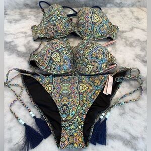 Victoria’s Secret Paisley Bikini Set 36C + L Bottom Tassel Tie Boho Luxe 2 Tops